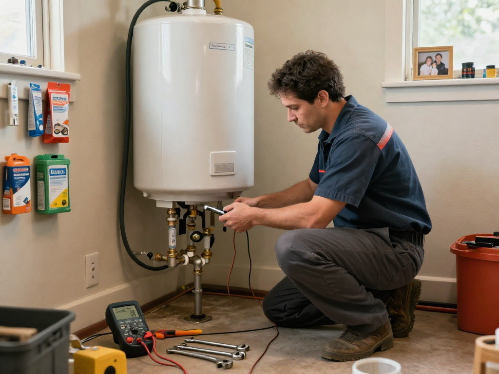 Direct water heater repair Fort Worth technician diagnosing a traditional water heater in a clean utility room, showcasing tools and professionalism.