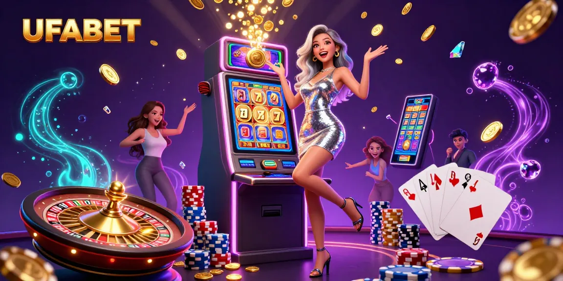 Spin to win with UFABET in this vibrant casino illustration showcasing exciting gaming elements.