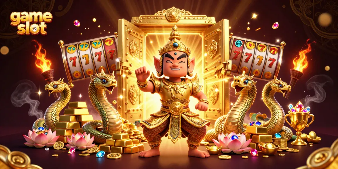 Spin the game slot for exciting payouts, featuring golden treasures, gems, and dynamic characters.