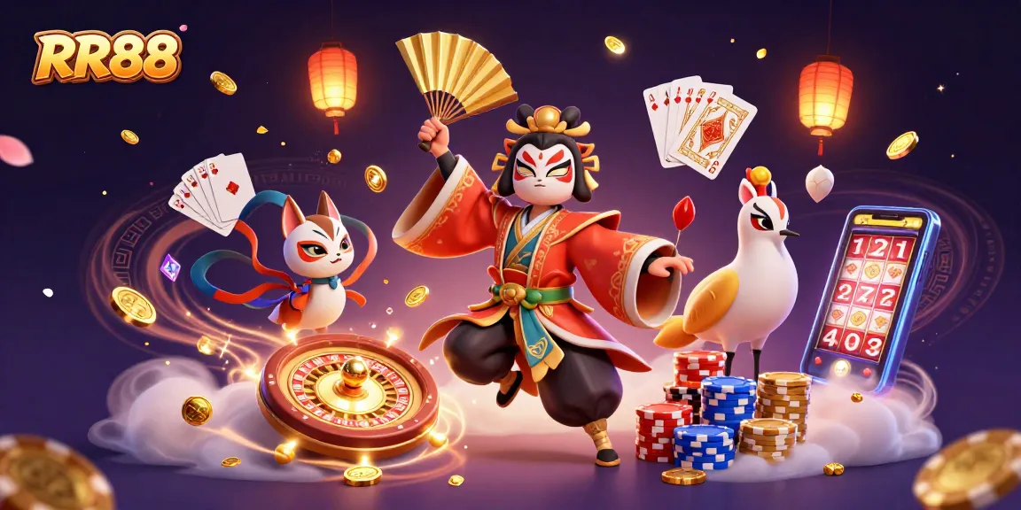 Engage in thrilling gameplay at RR88 with a vibrant 3D casino illustration showcasing iconic game elements and characters.