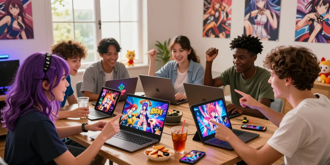 Friends enjoying a hentai game together while surrounded by anime decor and snacks.