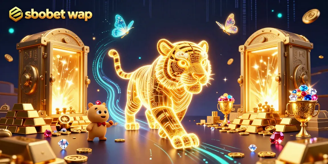 Experience sbobet wap betting with a vibrant 3D casino scene featuring a golden tiger and treasures.