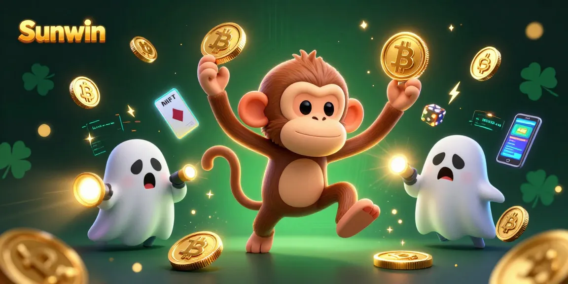 Watch Sunwin's playful poltergeist monkey juggling golden chips and coins in an exciting casino scene.