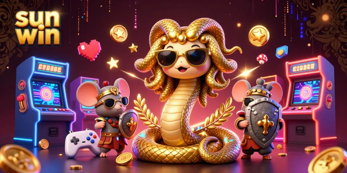 Experience the thrill of sun win with Medusa and a warrior mouse in a vibrant casino illustration.