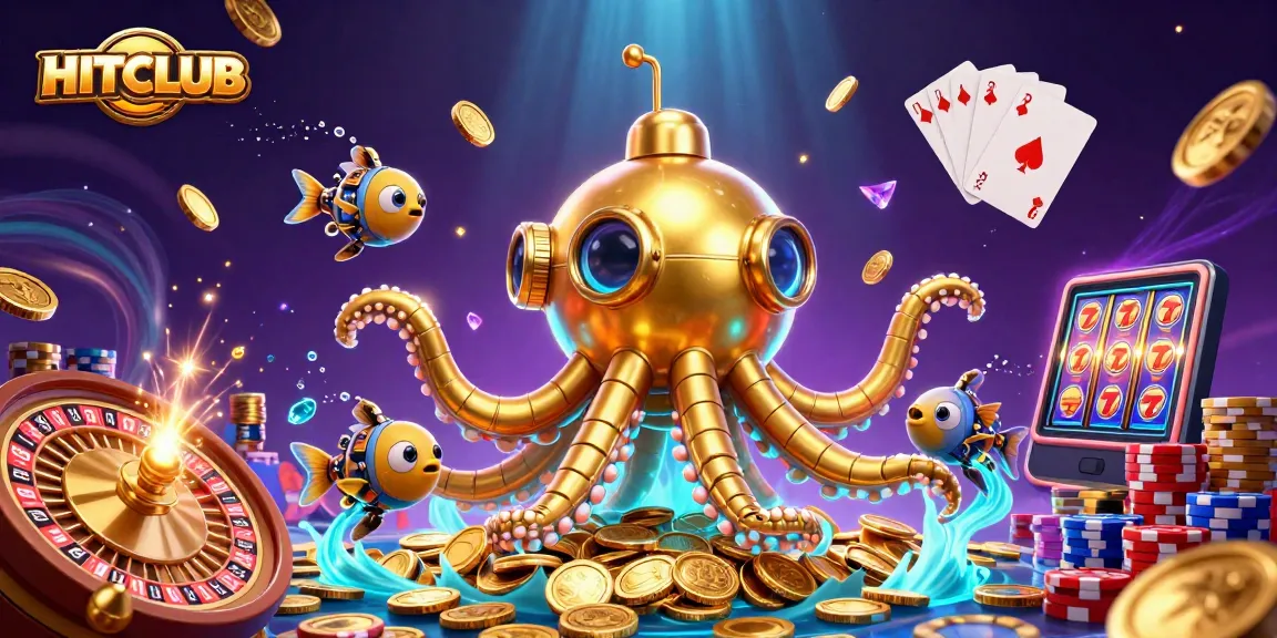 Experience the excitement of HITCLUB with a golden kraken submarine amid cascading coins and vibrant casino elements.